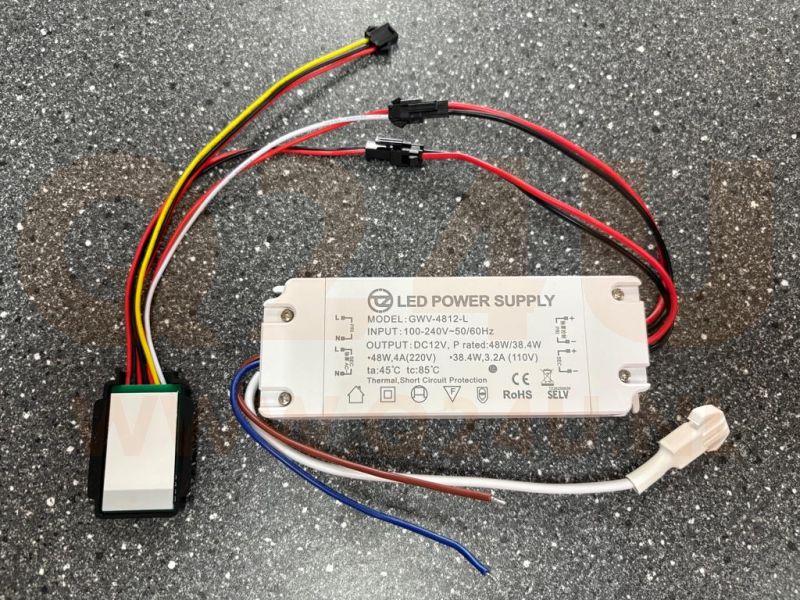Driver LED 12V 4A 48W con interruttore touch e uscita 230V per riscaldamento dello specchio – Modello GWV-4812-L